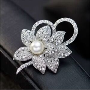 Crystal Flower Brooch Pin with Pearl Center | Rhinestone Floral Scarf Pin